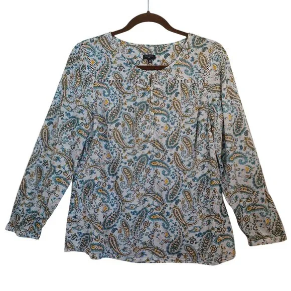 Talbots Top Green Pink Paisley Print‎ Cotton Popover Blouse Womens Large Petite - Picture 11 of 11